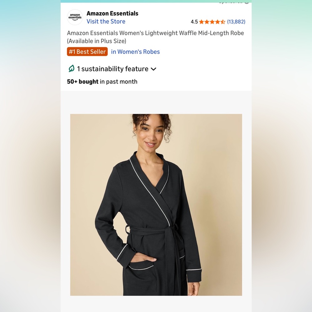 Amazon Essentials Black Waffle Robe with White Trim